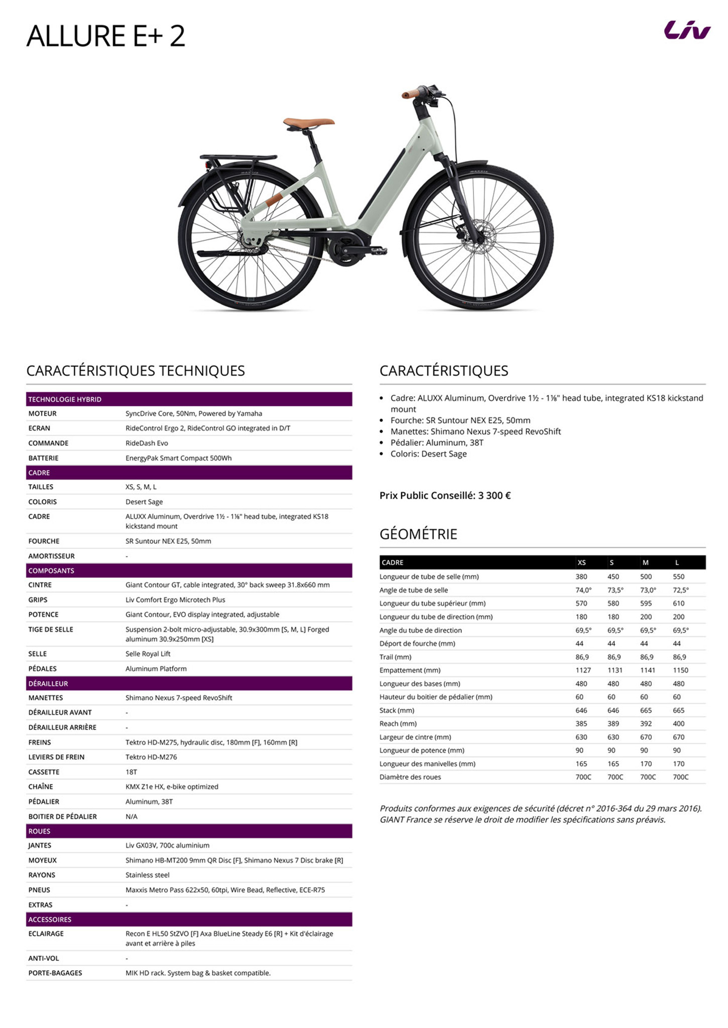 Fiche technique du velo élctrique Allure E+ 2 année 2022
